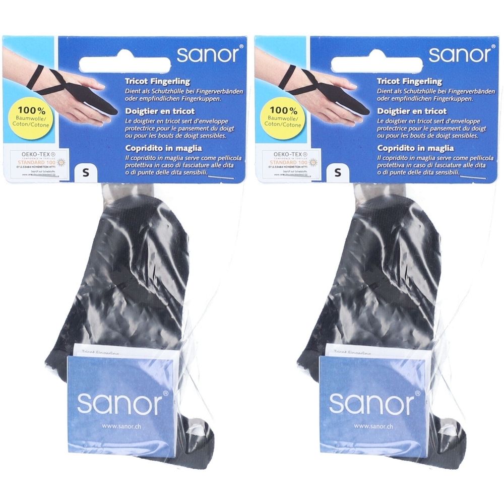 Zwei Fingerlinge in Verpackung. Schwarzes Textil, Größe S. Marke: sanor. Aufschrift: Tricot Fingerling.