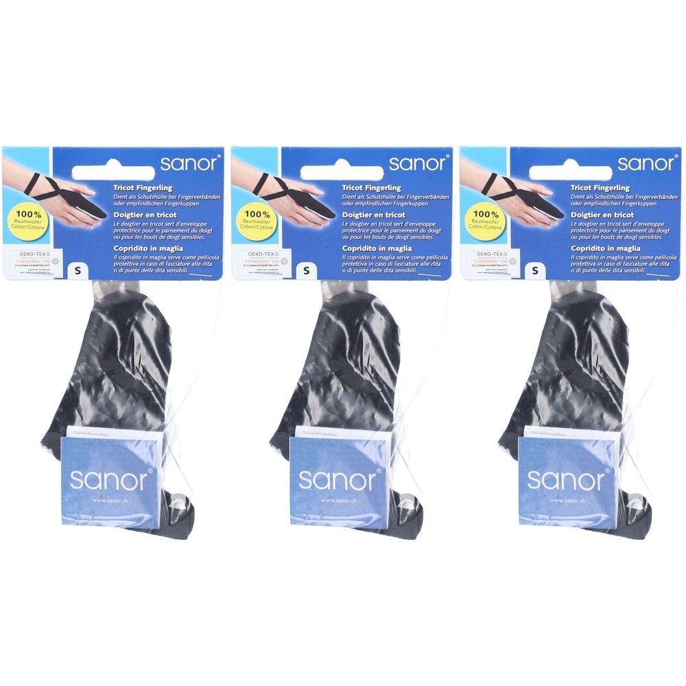 Drei Packungen Strickfingerhut S. Schwarze Fingerhüte mit blauen Karten. Auf den Karten steht "sanor".