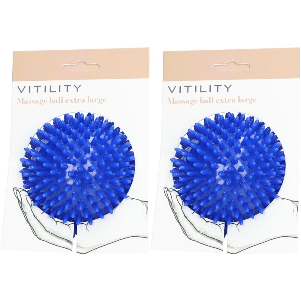 Deux balles de massage bleues à picots. Emballage avec le nom du produit VITILITY et "Massage ball extra large".