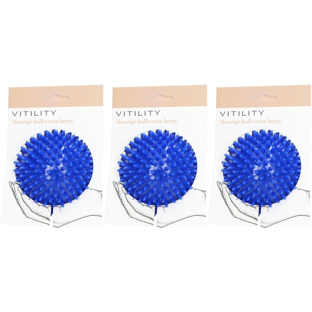 Trois balles de massage bleues à picots, en emballage. Inscription : VITILITY Massage ball extra large.