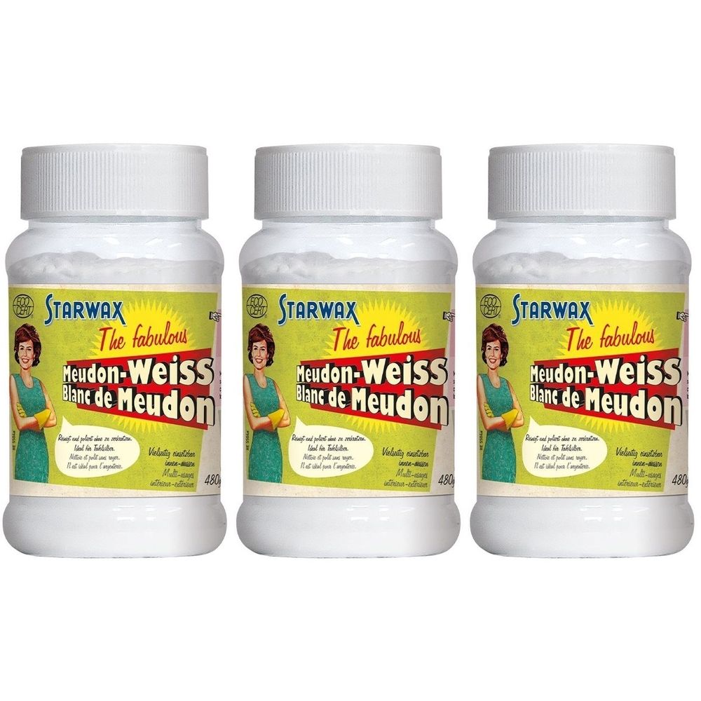 Trois pots blancs avec couvercles. Étiquettes avec STARWAX, Meudon-Weiss, Blanc de Meudon. Illustration rétro d'une femme.