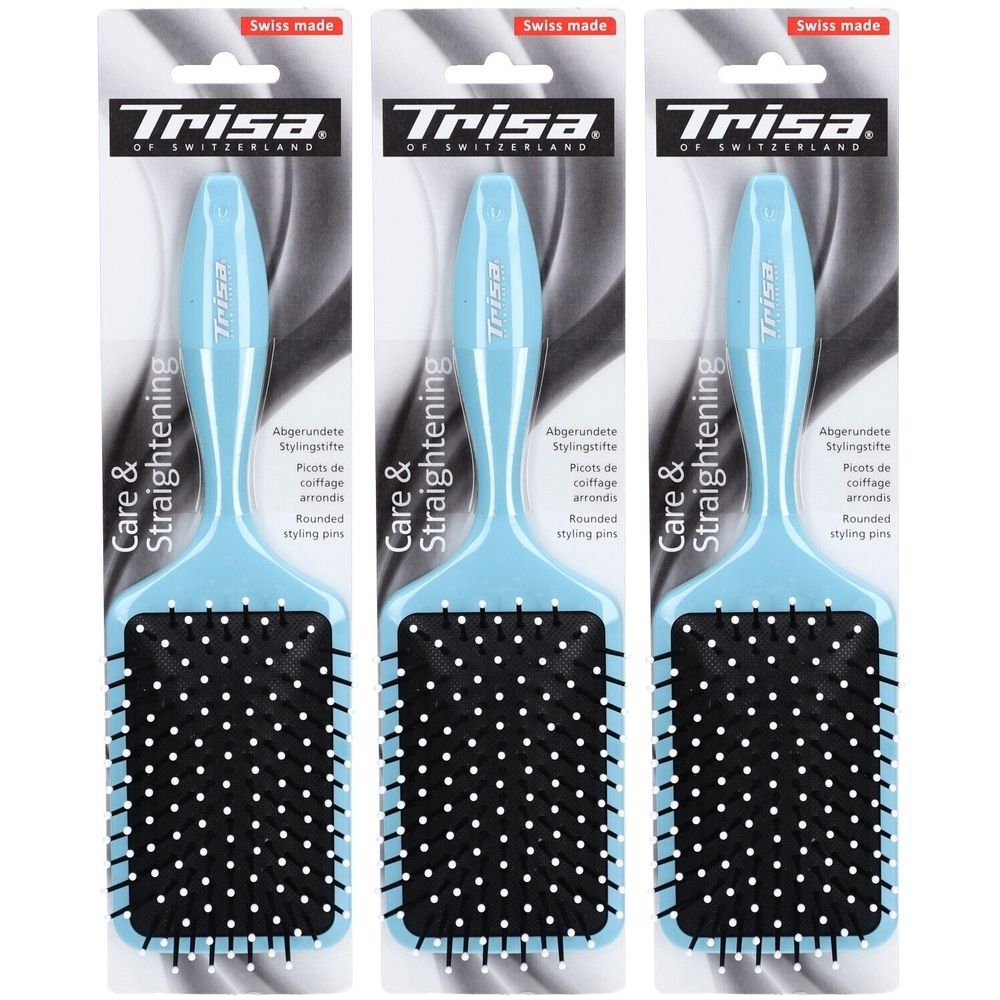 Trois brosses à cheveux avec manche bleu clair et tête noire. Emballage avec logo de la marque et inscription "Care & Straightening".