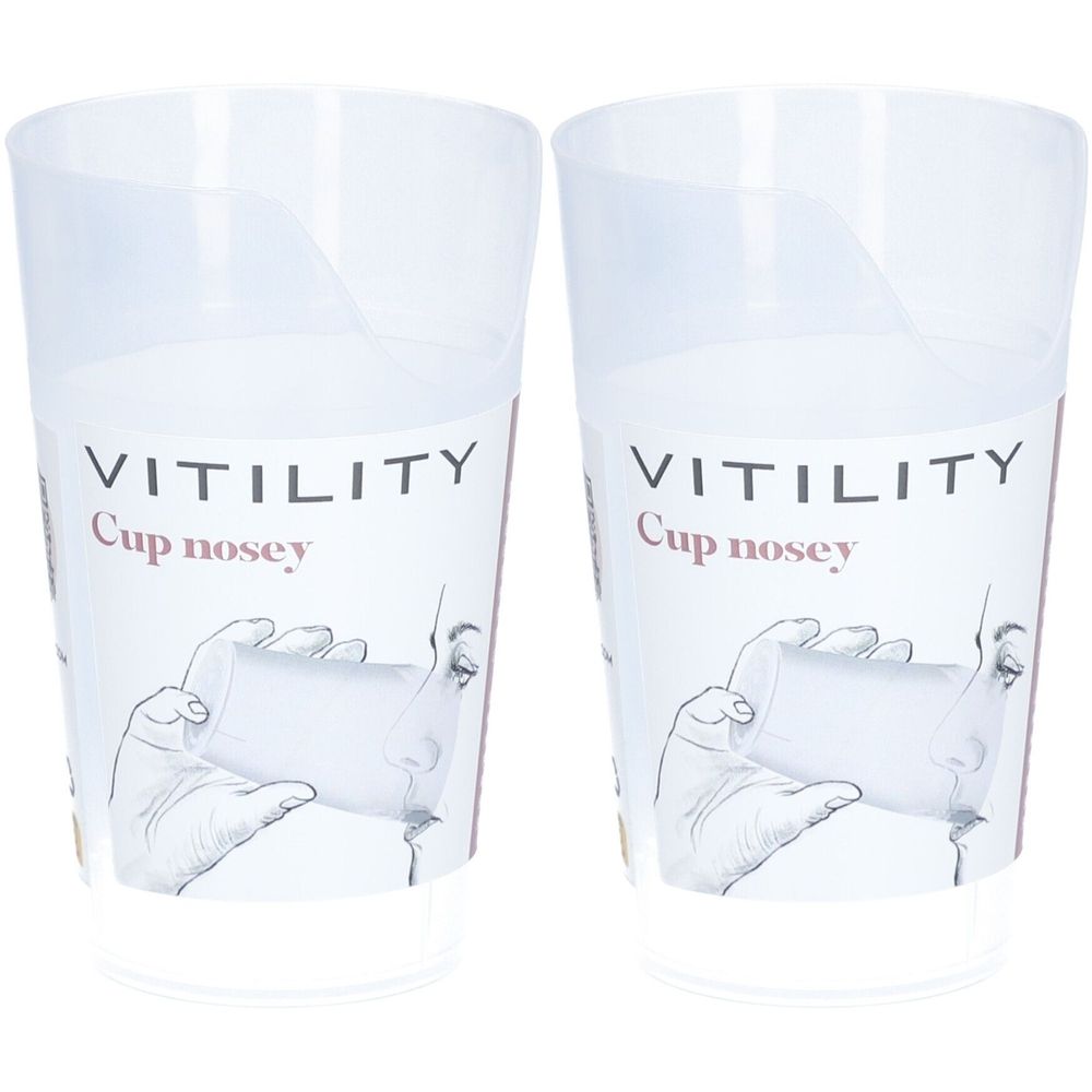 Deux gobelets transparents avec encoche nasale. Impression: VITILITY, Cup nosey. Illustration d'une main tenant un gobelet contre le nez.