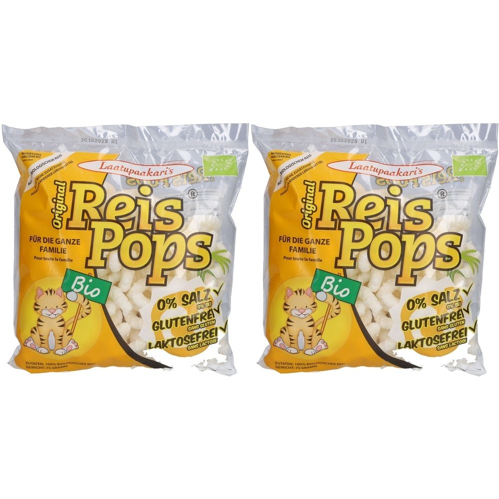 Zwei Beutel Reis-Pops. Gelbe Verpackung mit Produktnamen und Bio-Siegel. Aufschrift: 0% Salz, glutenfrei, laktosefrei.