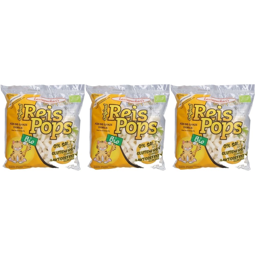 Drei Beutel Reis Pops, Bio-Snack, gelbe Verpackung mit Produktnamen und Logo. Glutenfrei, laktosefrei, 0% Salz.
