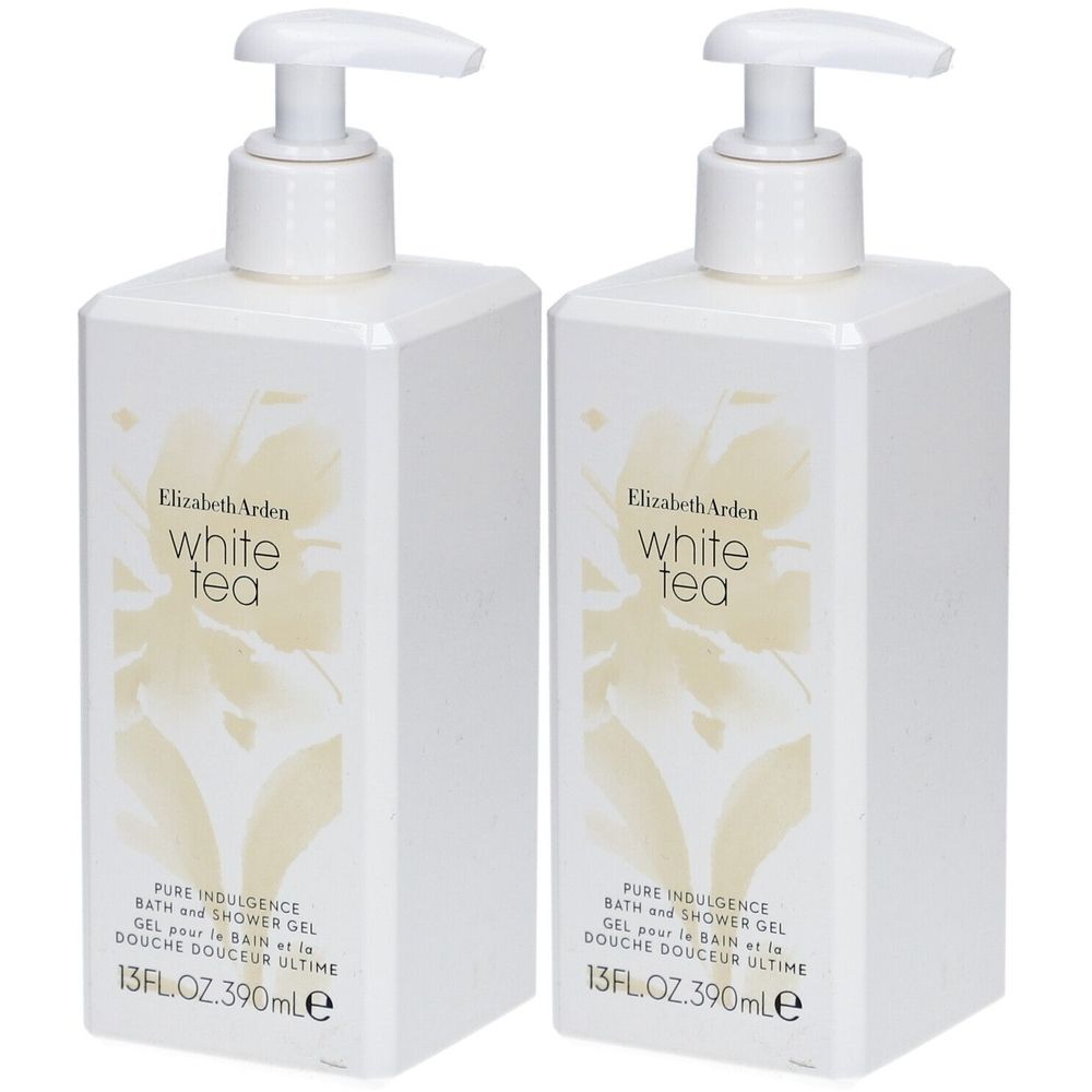 Zwei weiße Flaschen mit Pumpaufsatz. Aufschrift: Elizabeth Arden White Tea. 13 FL.OZ. 390ml.