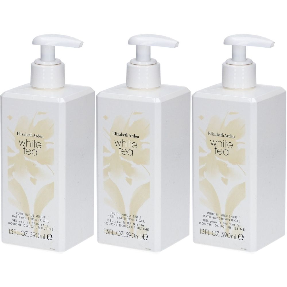 Drei weiße Flaschen mit Pumpverschluss. Auf jeder Flasche steht "Elizabeth Arden White tea".