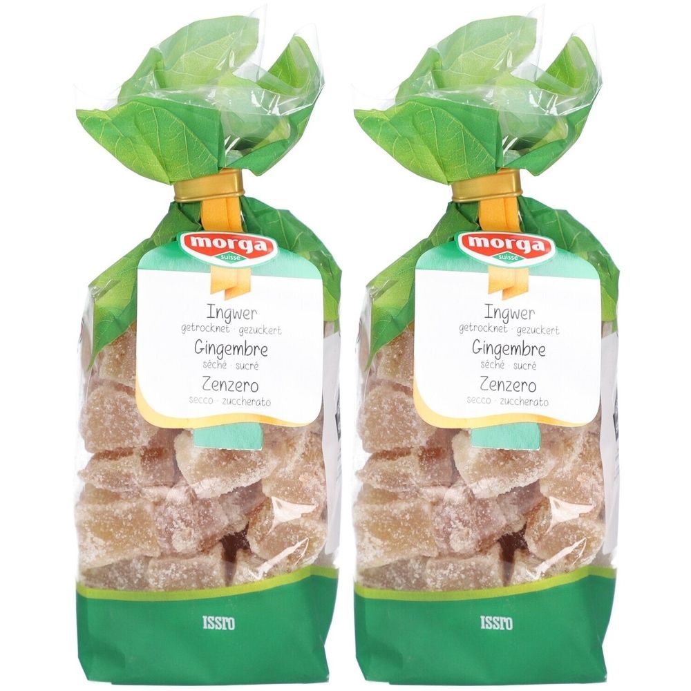 Deux sachets de gingembre confit. Emballage transparent avec motif de feuilles vertes. Étiquette avec nom du produit en allemand, français et italien.