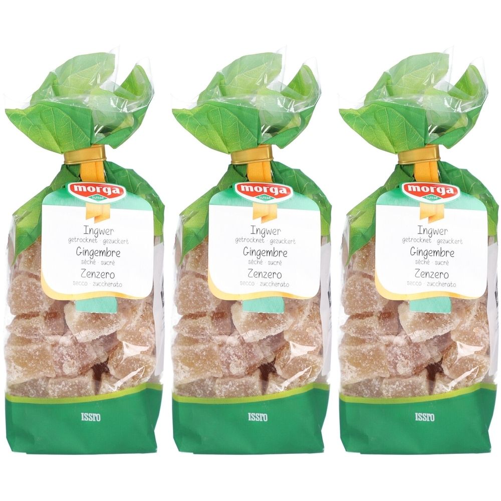 Trois sachets de gingembre confit. Emballage transparent avec fermeture verte en forme de feuille. Inscription : Ingwer, Gimgembre, Zenzero, ISSRO.