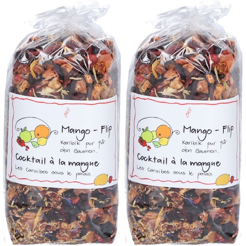 Deux sachets de thé aux fruits. Inscription : Mango-Flip, Cocktail à la mangue. Emballage transparent avec fruits colorés.