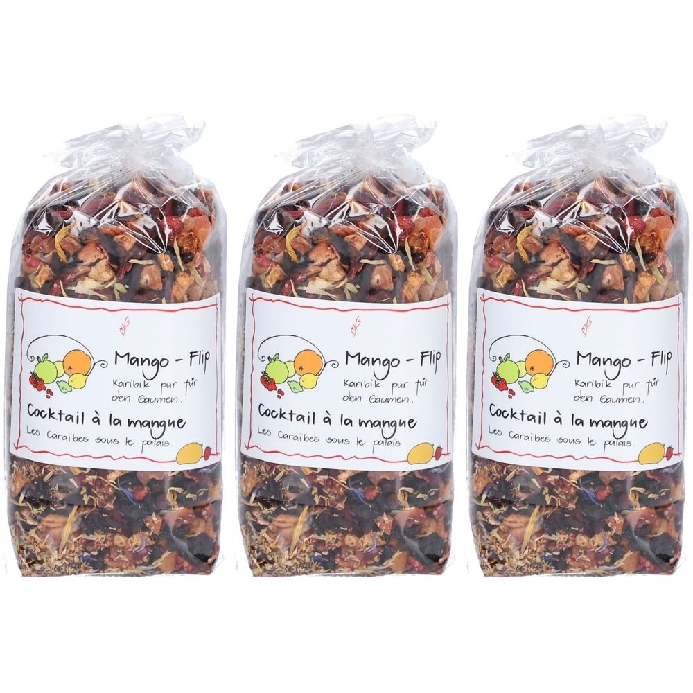 Trois sachets de thé aux fruits Mango Flip. Chaque sachet a une étiquette avec du texte et des illustrations. Le thé est emballé dans du film transparent.