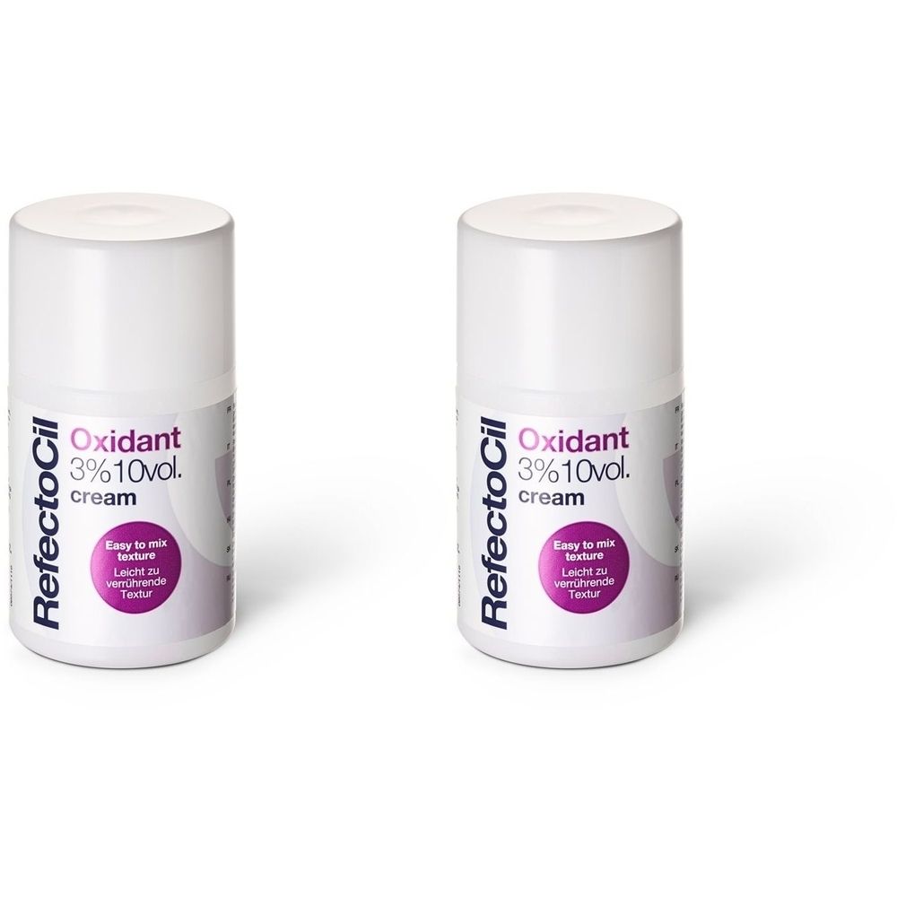 Zwei weiße Flaschen mit Deckel. Auf jeder Flasche steht "RefectoCil Oxidant 3% 10vol. cream".