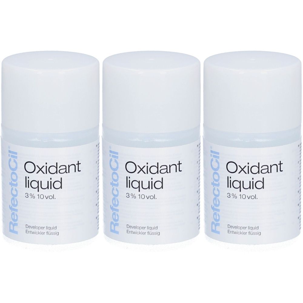 Drei Flaschen RefectoCil Oxidant liquid. Weiße Flaschen mit weißem Deckel. Aufschrift: Oxidant liquid 3% 10 vol.