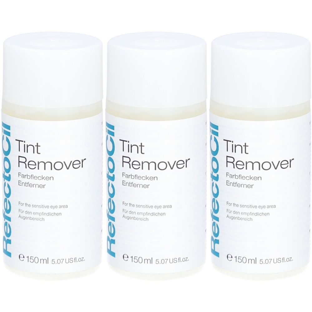 Drei Flaschen Refectocil Tint Remover. Weiße Flaschen mit blauem Etikett. Text: Tint Remover, Farbflecken Entferner, 150ml.