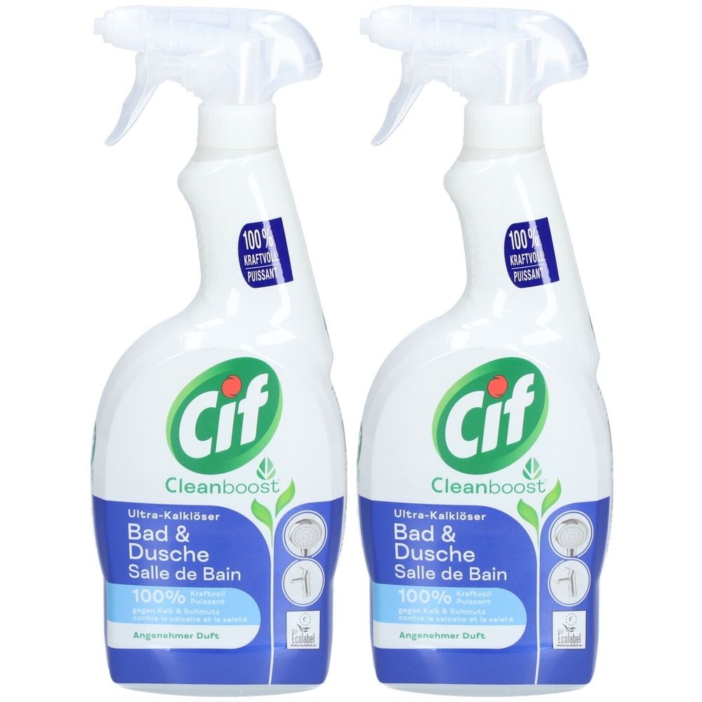 Deux flacons pulvérisateurs blancs avec logo Cif. Inscription: Cleanboost, Bad & Dusche, Salle de Bain. Accents bleus et verts.