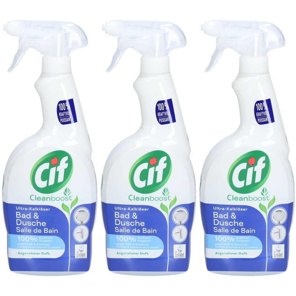 Drei weiße Sprühflaschen mit Cif-Logo. Aufschrift: Cleanboost, Bad & Dusche, Salle de Bain. Blaue und grüne Elemente.