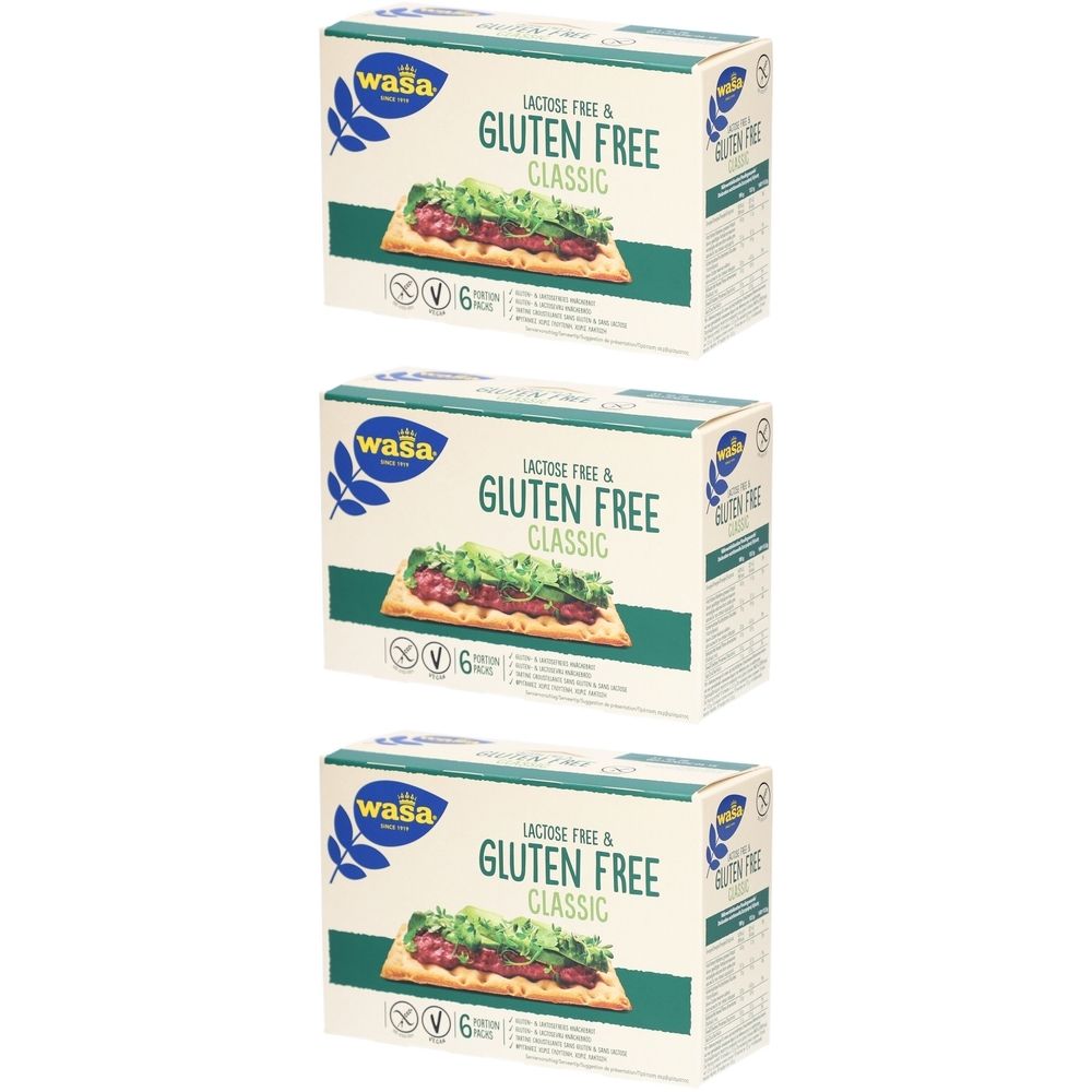 Trois boîtes de pain croustillant. Inscription : Sans lactose et sans gluten Classic. Marque : Wasa. Chaque paquet contient 6 portions.