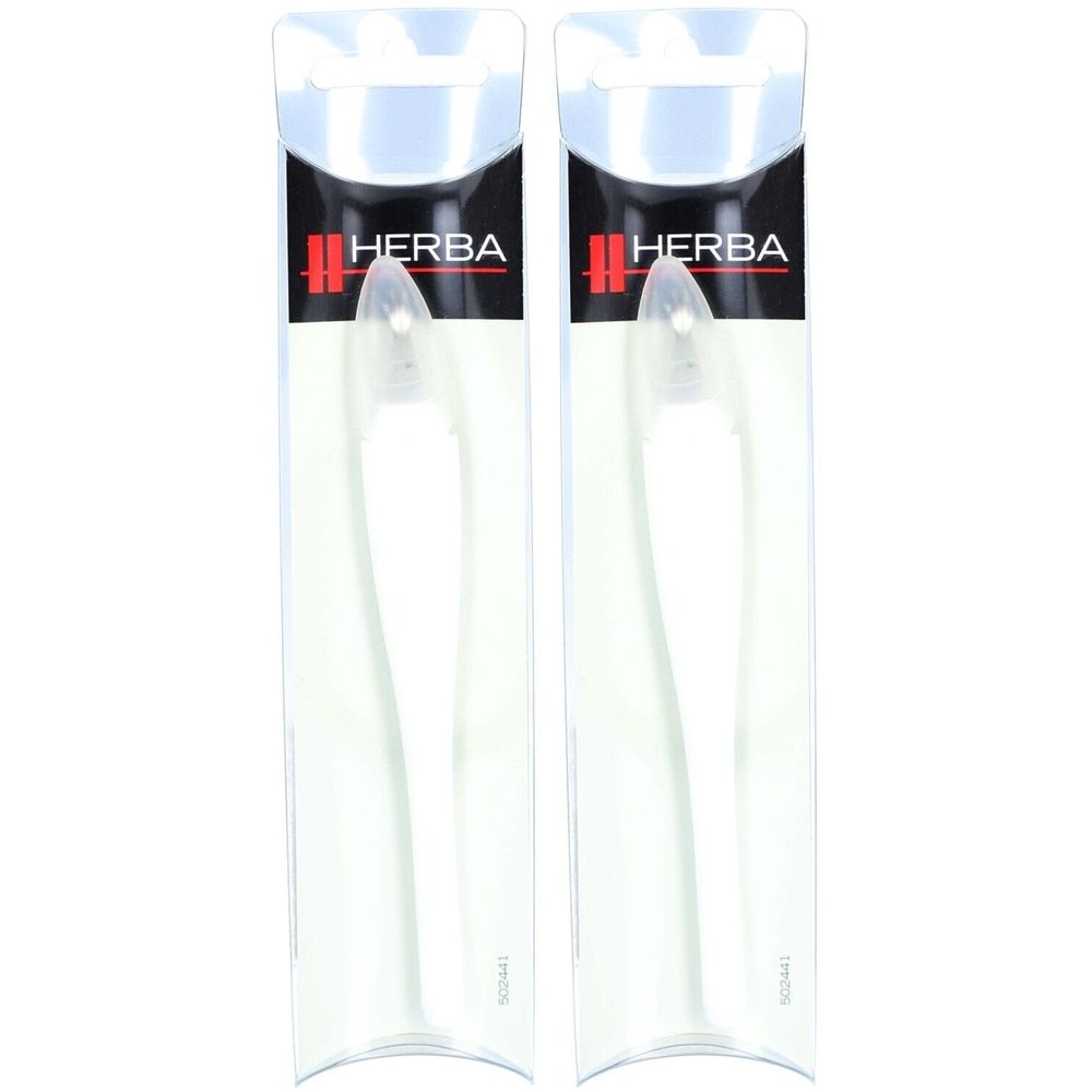 Zwei HERBA Nagelhautmesser in transparenten Verpackungen. Oben Logo und Schriftzug HERBA. Weiße Griffe, transparente Spitzen.