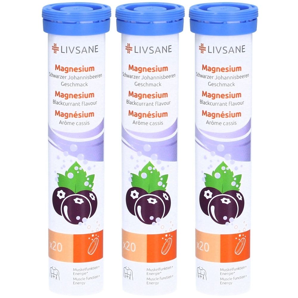 Drei zylindrische Behälter mit LIVSANE Magnesium. Aufschrift: Schwarze Johannisbeere, Magnesium, 20 Tabletten. Blaue Deckel.