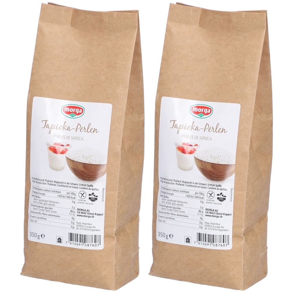 Zwei Beutel Tapioka-Perlen. Aufdruck: morga, Tapioka-Perlen, 350g. Abbildung von Tapioka-Perlen in Schale und Becher.