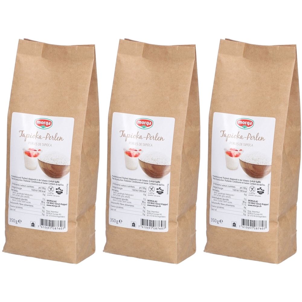 Drei Beutel Tapioka-Perlen. Aufdruck: morga, Tapioka-Perlen, Abbildung von Tapioka-Perlen in Schale. 350g.