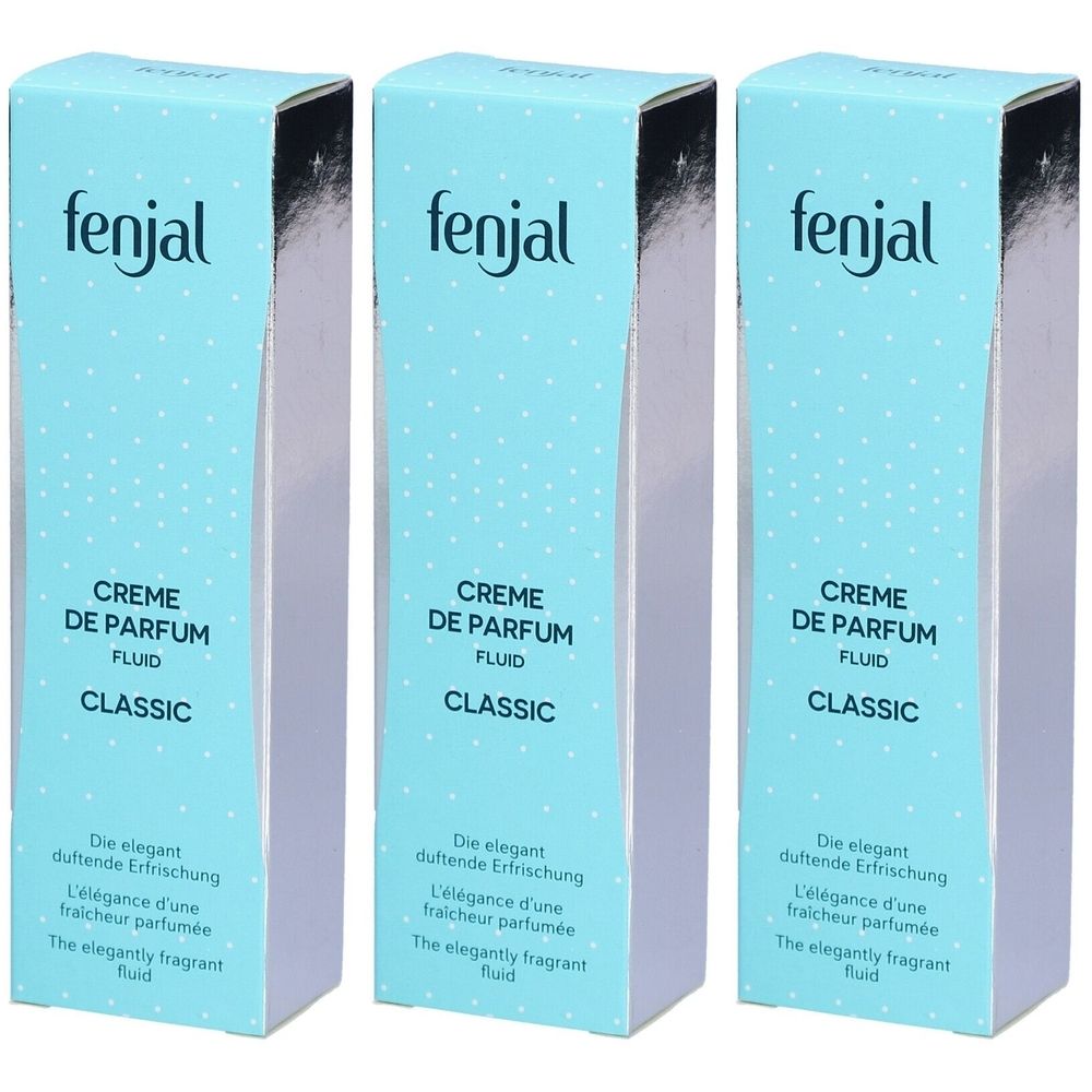 Drei identische, hellblaue Schachteln. Auf jeder steht "fenjal", "CREME DE PARFUM FLUID CLASSIC". Text in Deutsch, Französisch und Englisch.