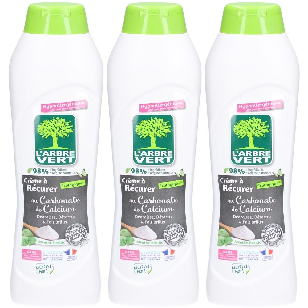 Drei weiße Flaschen mit grünem Deckel. Auf jeder Flasche ist das Logo von L'ARBRE VERT und der Schriftzug "Crème à Récurer".