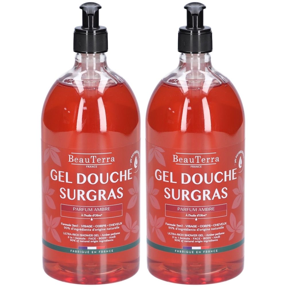 Deux flacons de gel douche avec pompe noire. Inscription: BeauTerra, Gel Douche Surgras, Parfum Ambre. Contenance visible.