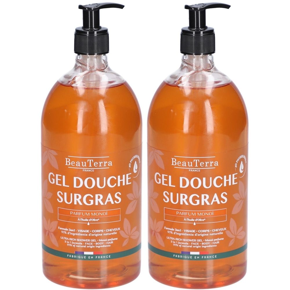 Zwei Flaschen Duschgel mit schwarzem Pumpverschluss. Aufschrift: BeauTerra, Gel Douche Surgras, Parfum Monoï.