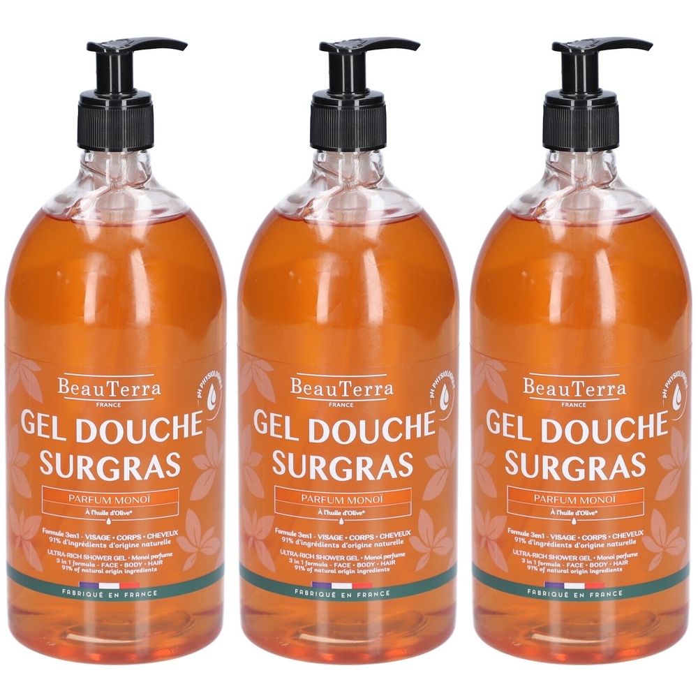 Drei Flaschen Duschgel mit schwarzem Pumpverschluss. Aufschrift: BeauTerra, Gel Douche Surgras, Parfum Monoï.