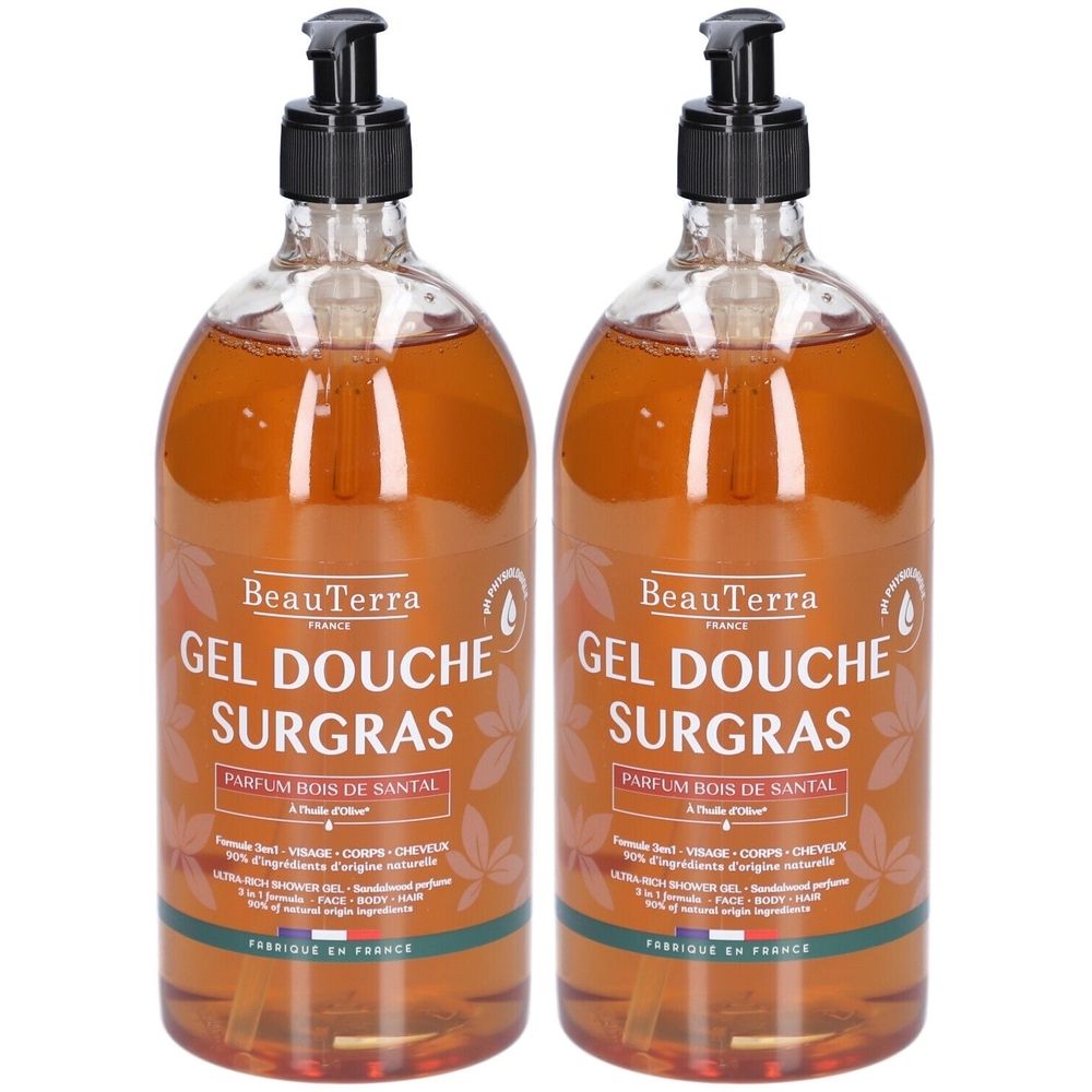 Zwei Flaschen Duschgel mit schwarzem Pumpverschluss. Aufschrift: BeauTerra, Gel Douche Surgras, Parfum Bois de Santal.
