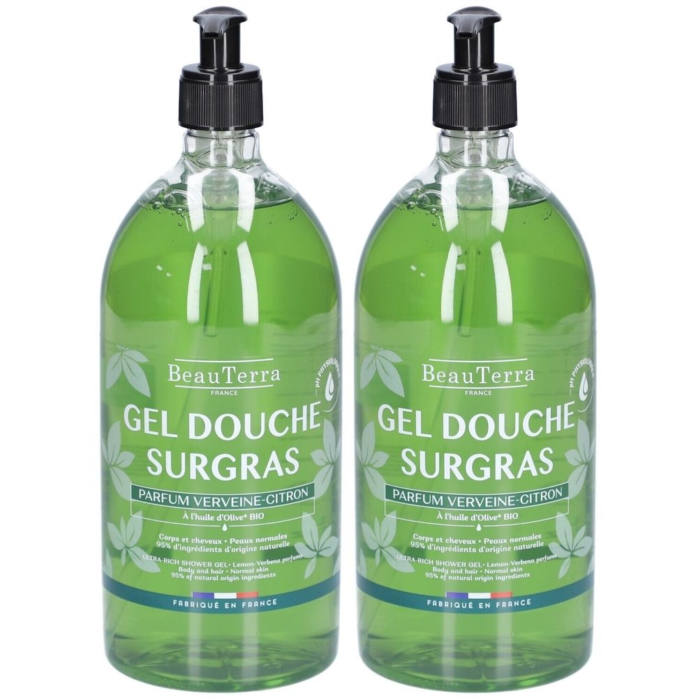 Zwei grüne Flaschen Duschgel mit schwarzem Pumpverschluss. Aufschrift: BeauTerra, Gel Douche Surgras, Parfum Verveine-Citron.