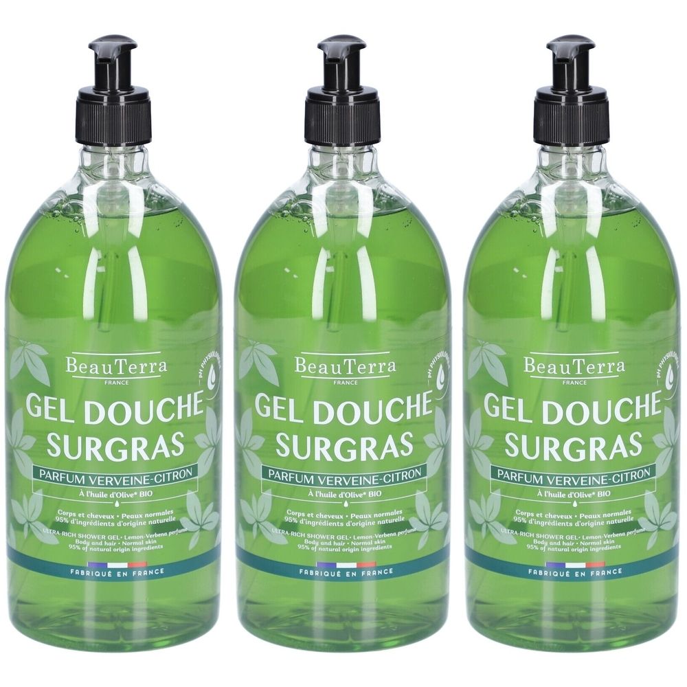 Drei grüne Flaschen mit schwarzem Pumpverschluss. Auf jeder Flasche steht "GEL DOUCHE SURGRAS" und "PARFUM VERVEINE CITRON".