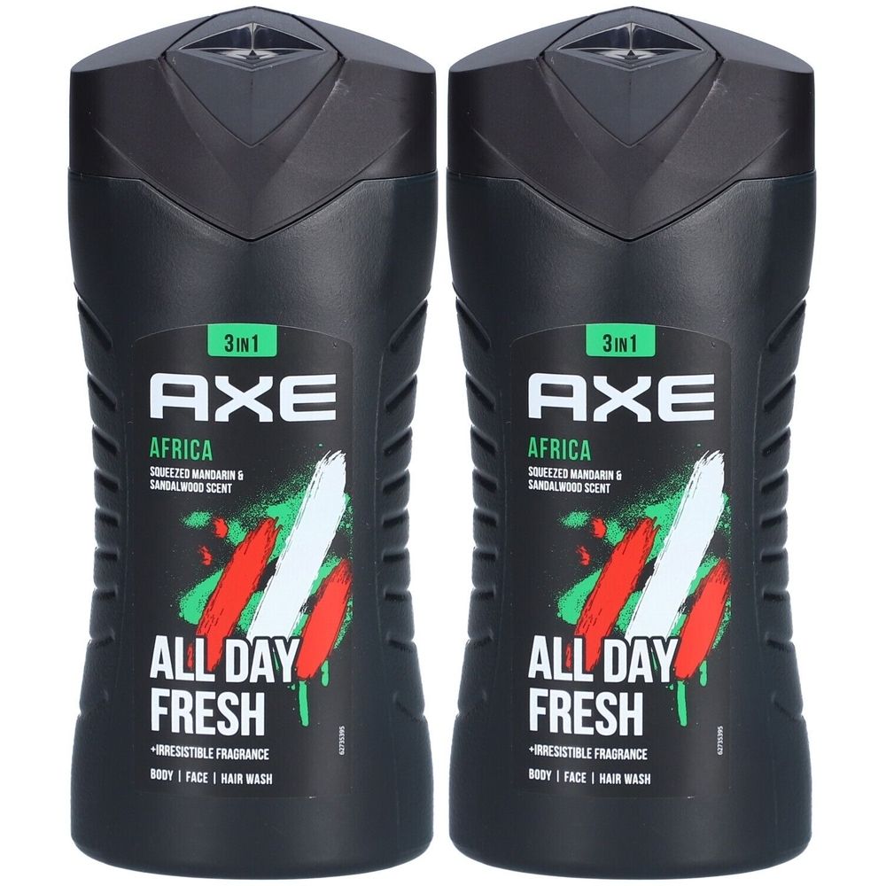 Zwei schwarze Duschgel-Flaschen. Aufschrift: AXE Africa, 3 in 1, All Day Fresh. Mit grünem, rotem und weißem Design.