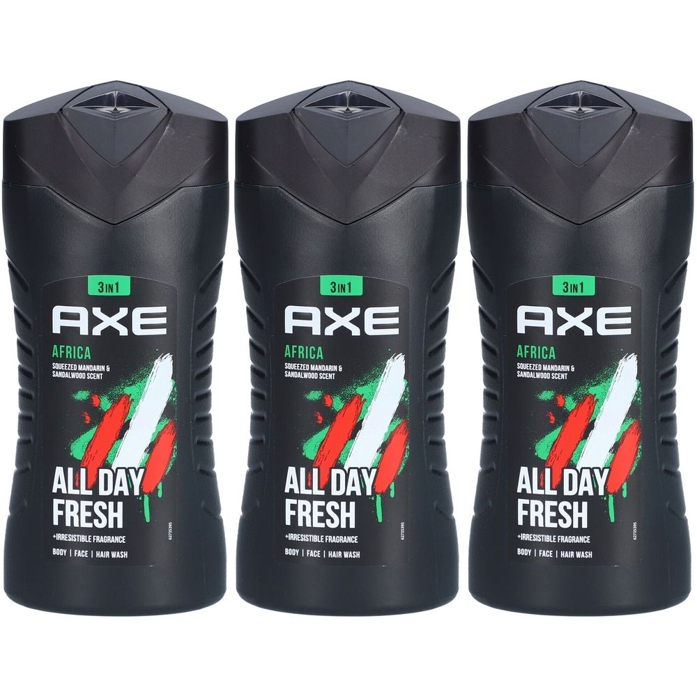 Drei schwarze Duschgel-Flaschen. Aufschrift: AXE Africa 3in1. Mit weiß, rot und grünem Design. Text: ALL DAY FRESH.