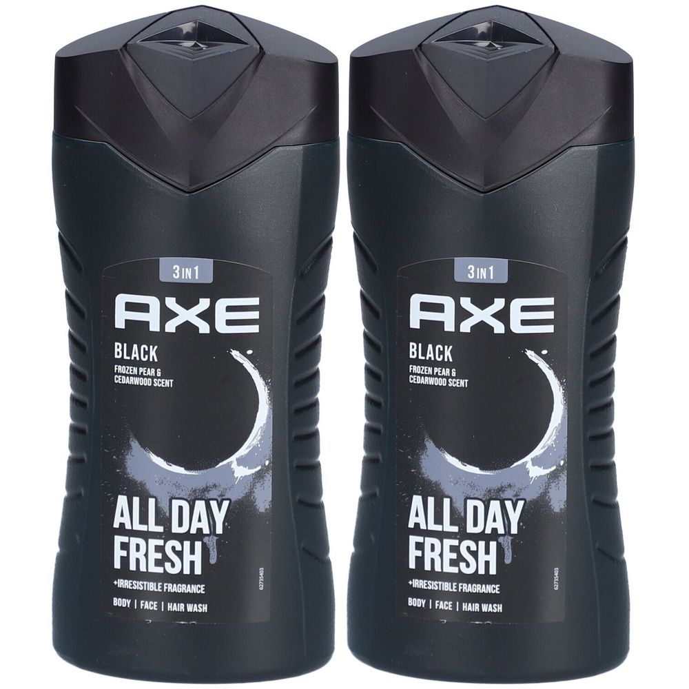 Zwei schwarze Duschgel-Flaschen. Aufschrift: AXE Black 3 in 1, All Day Fresh. Mit Duftbeschreibung und Anwendungsbereich.