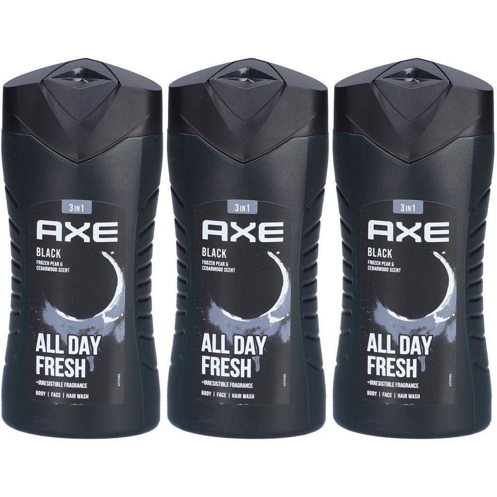 Drei schwarze Duschgel-Flaschen. Aufschrift: AXE Black, 3 in 1, All Day Fresh. Mit weißem Halbmond-Design. Für Körper, Gesicht und Haar.