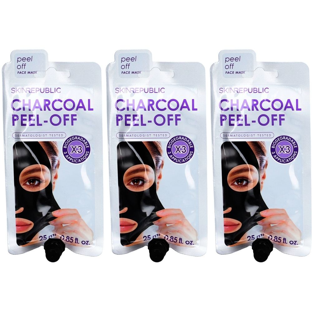 Trois paquets de masque facial au charbon Skin Republic. Chaque paquet montre un masque noir et le texte "CHARCOAL PEEL-OFF".