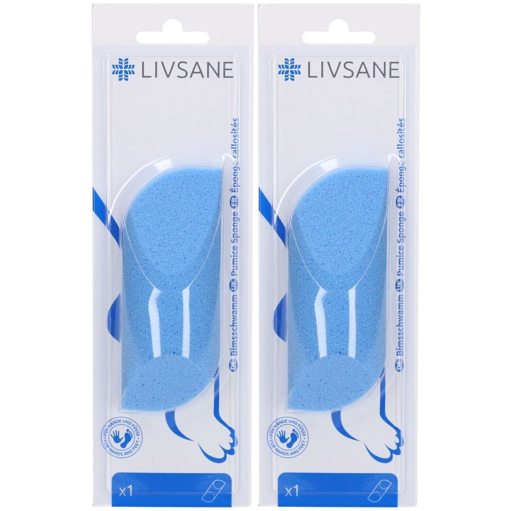 Deux pierres ponces bleues dans des emballages transparents. Inscription : LIVSANE, Bimsstein, Pumice Sponge, Éponge, callosités.