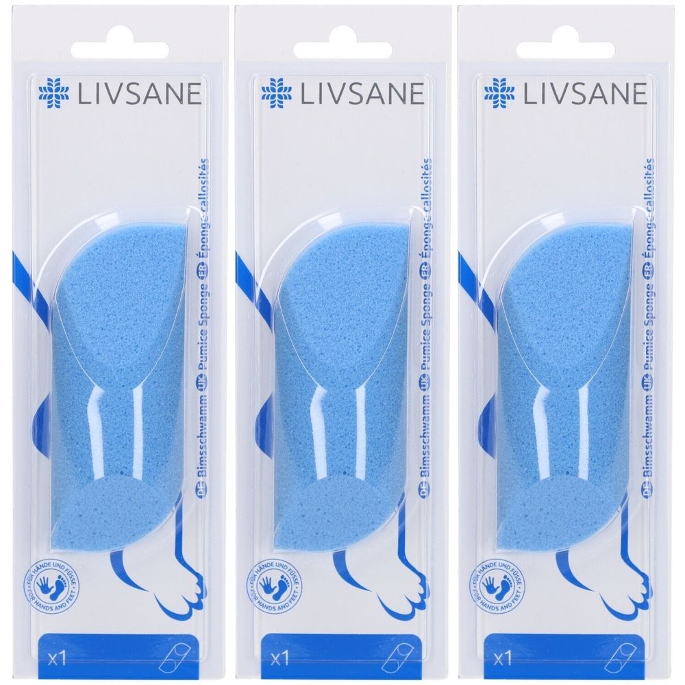 Trois emballages de pierres ponces bleues. Chaque emballage contient une pierre ponce, emballée dans une coque transparente avec le logo "LIVSANE".
