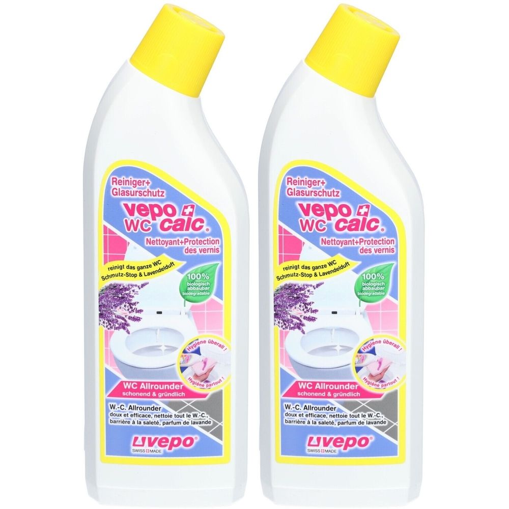 Zwei Flaschen Vepo WC calc. Reiniger mit gelbem Deckel. Aufschrift: Reiniger+Glasurschutz, WC Allrounder.