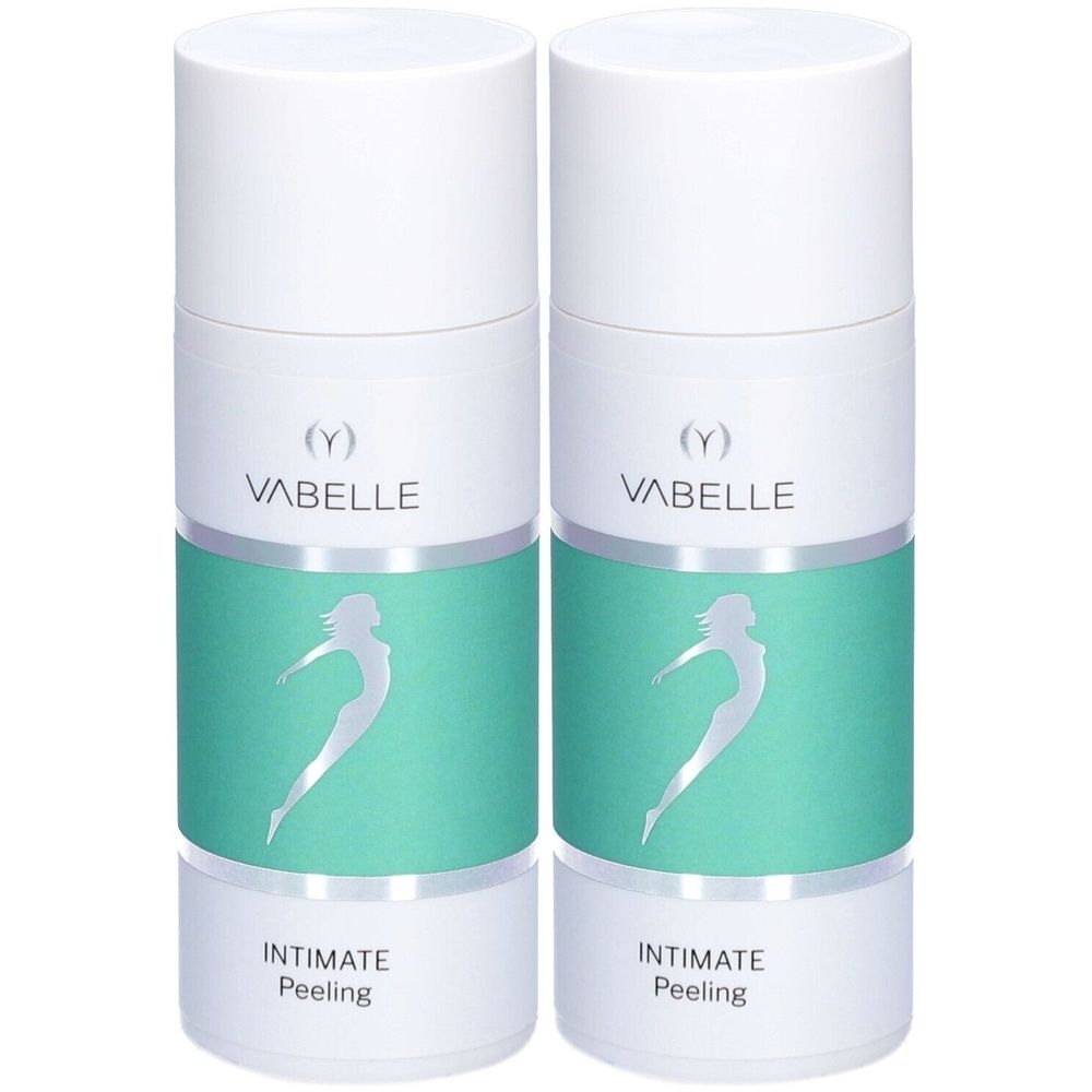 Deux flacons cylindriques blancs. Inscription VABELLE, Intim-Peeling. Bande turquoise avec silhouette féminine stylisée.