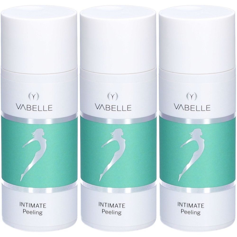 Trois flacons blancs avec bande turquoise. Inscription : VABELLE, Intimate Peeling. Image d'une femme.