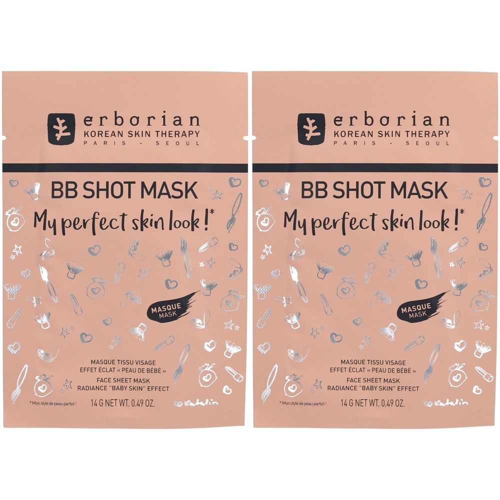 Deux sachets de BB Shot Mask. Inscriptions : erborian, BB SHOT MASK, My perfect skin look ! et autres informations.