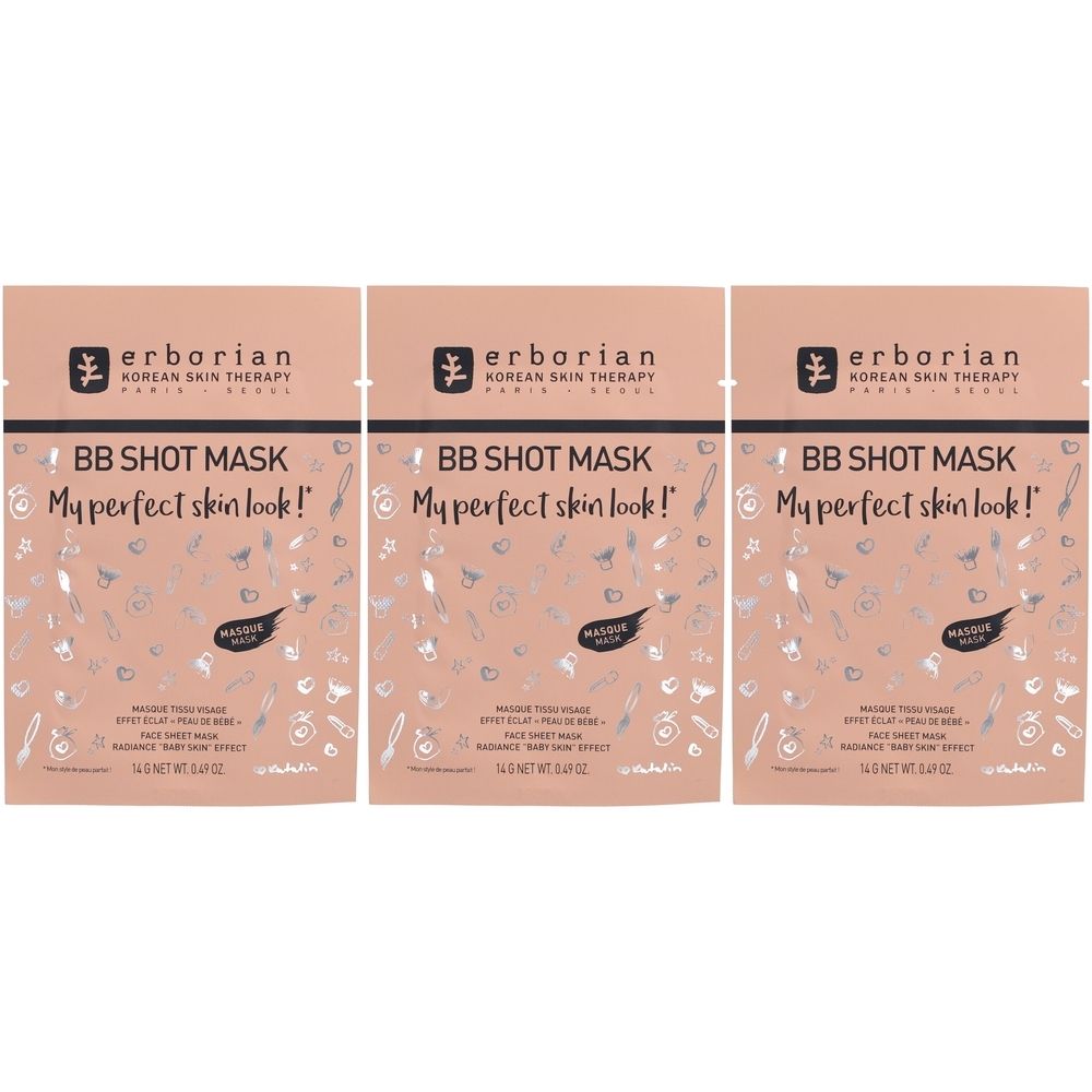 Trois sachets de masque BB Shot. Inscription : erborian, BB SHOT MASK, My perfect skin look ! Emballage avec éléments floraux.