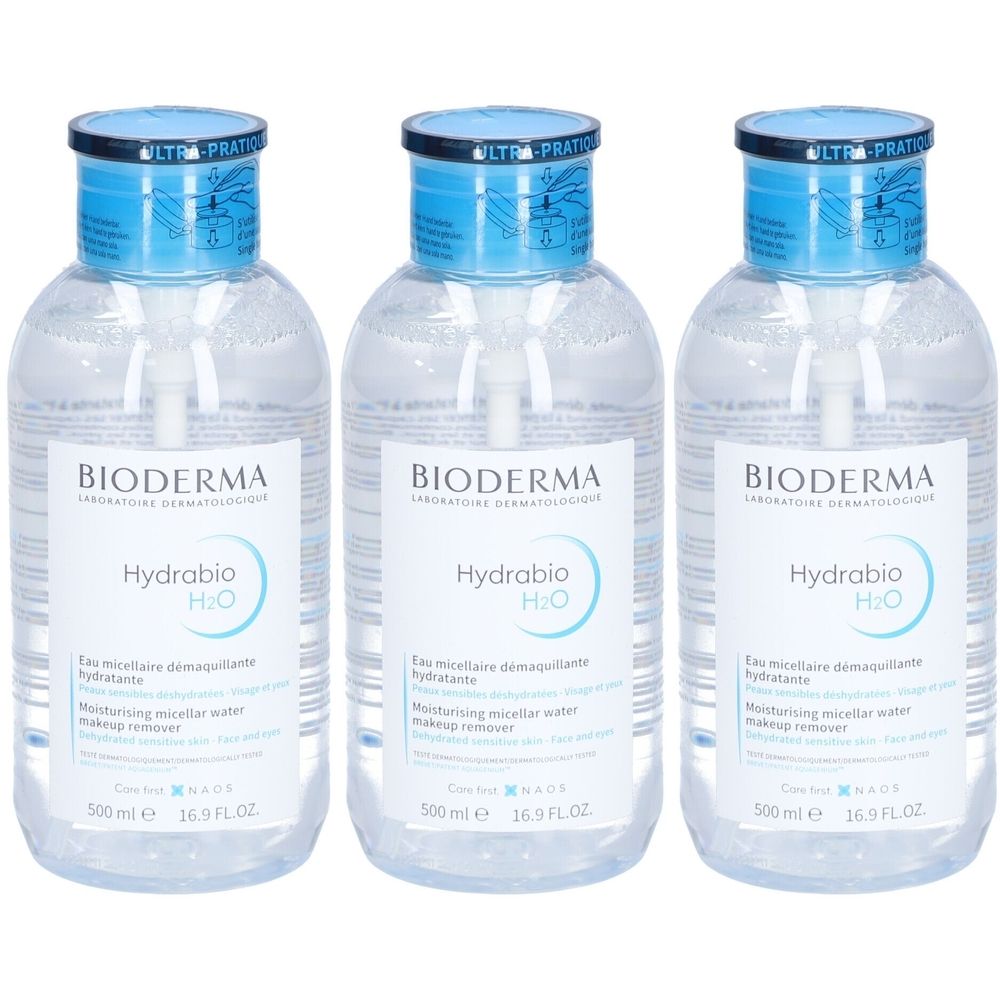 Drei transparente Flaschen mit blauem Deckel. Auf jeder Flasche steht "BIODERMA Hydrabio H2O".