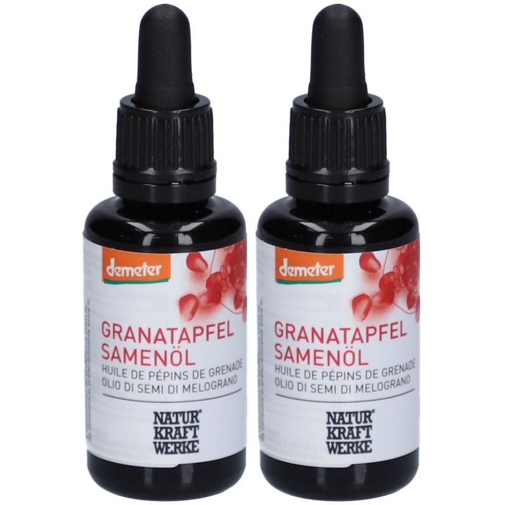 Deux flacons avec bouchon noir et pipette. Inscription : Huile de pépins de grenade, logo demeter, Naturkraftwerke.