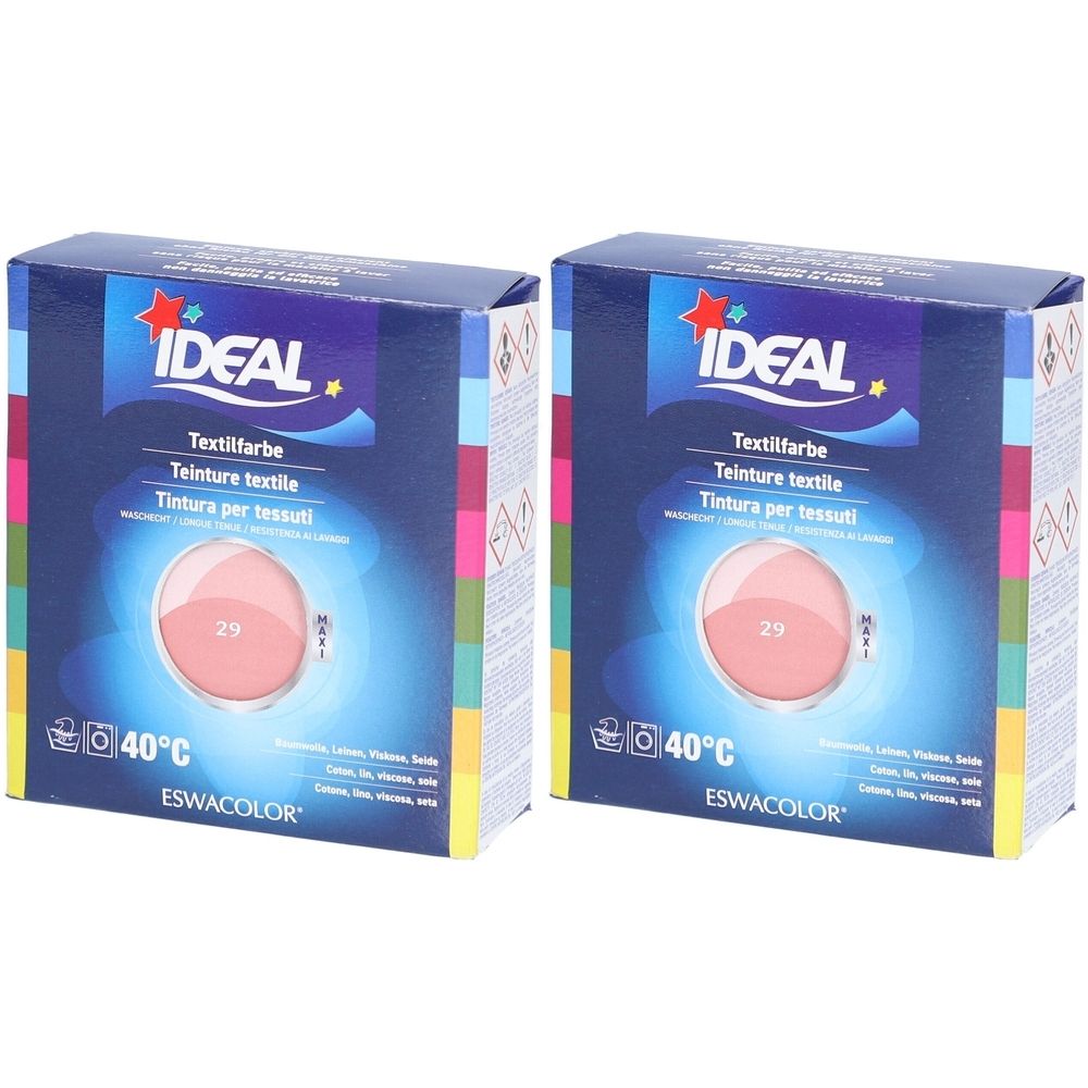 Zwei Kartons Textilfarbe IDEAL, Farbton 29 Altrosa. Blaue Verpackung mit Produktbezeichnung und Temperaturangabe 40°C.