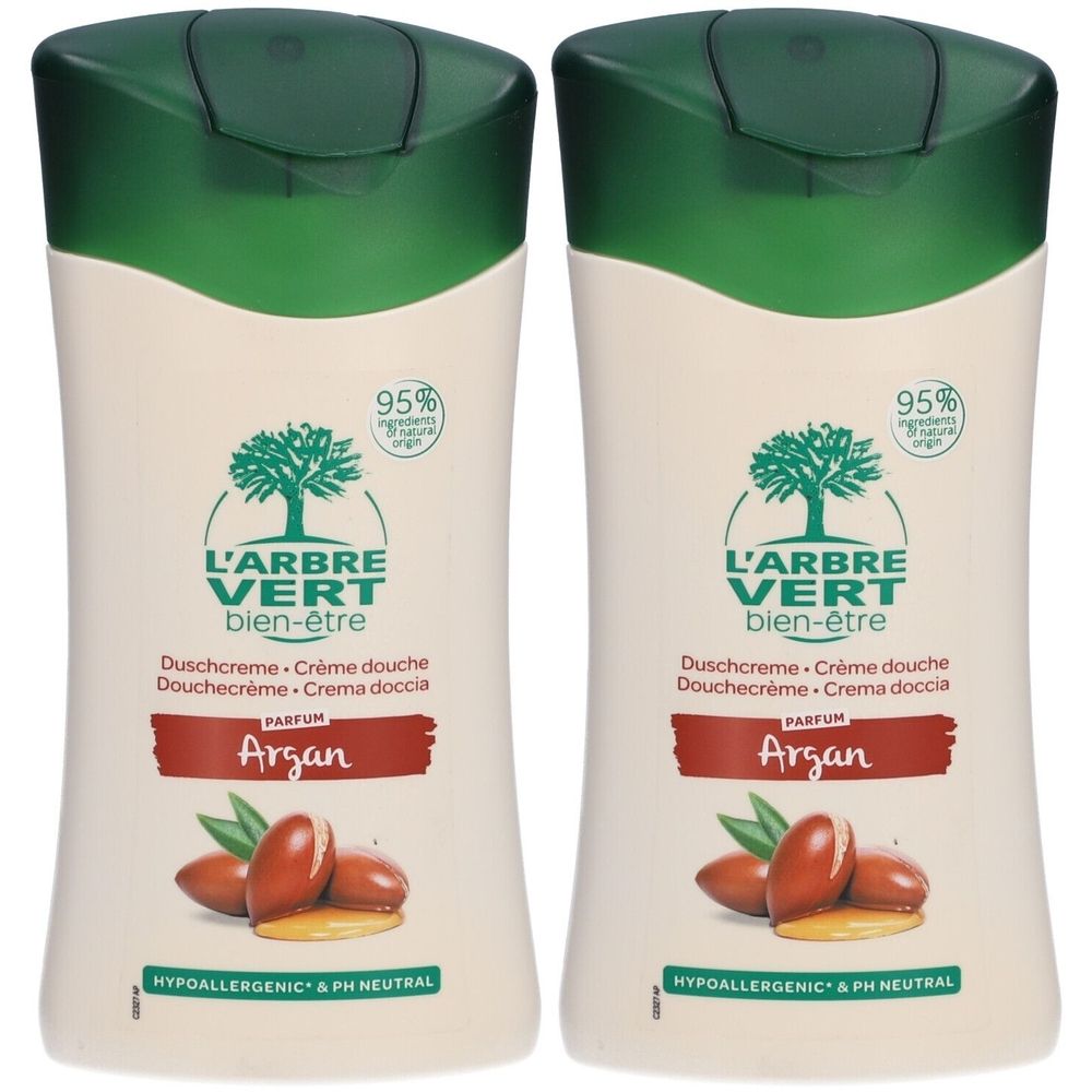 Deux flacons de gel douche. Inscription : L'ARBRE VERT bien-être, Argan. Avec 95% d'ingrédients d'origine naturelle. Hypoallergénique & pH neutre.