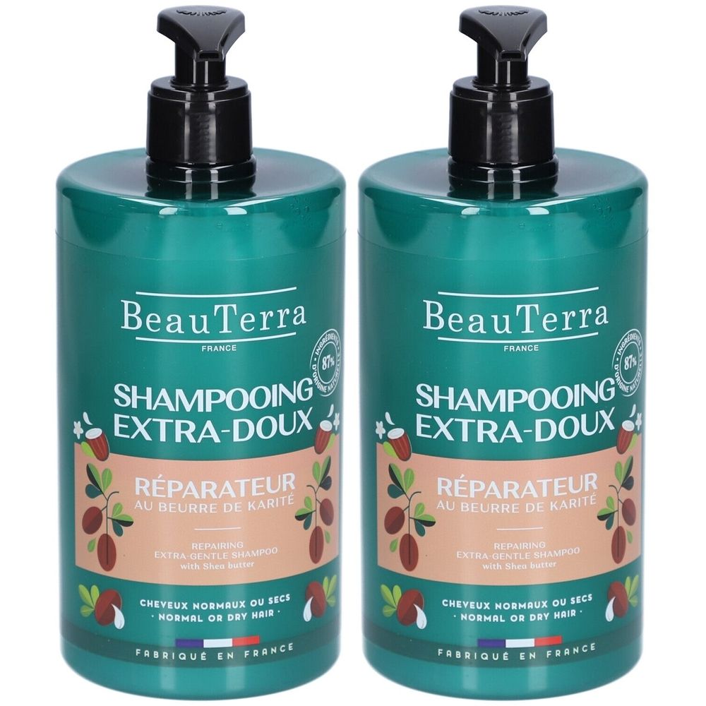 Deux flacons verts avec pompes noires. Inscription: BeauTerra, Shampooing Extra-Doux, Réparateur au beurre de karité. Pour cheveux normaux ou secs.